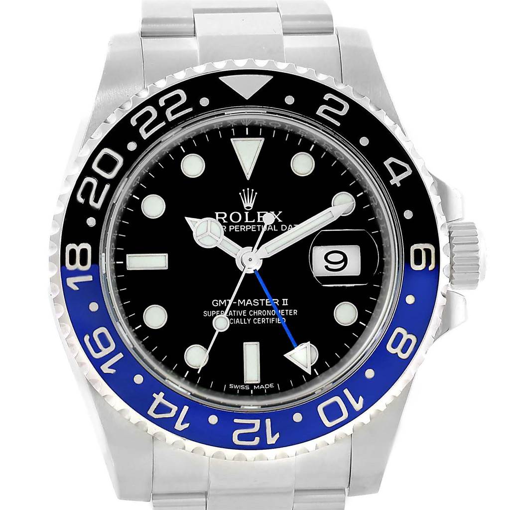 The image shows a front view of a Rolex GMT-Master 116710 Men's Stainless Steel Black Dial 116710 Men's Stainless Steel Black Dial II watch, displaying its bezel, dial, hands, and bracelet.