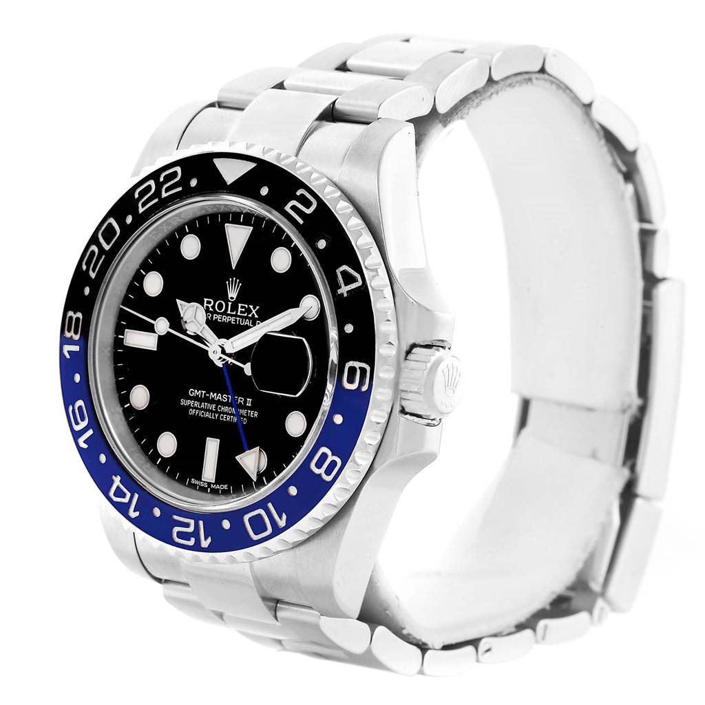 The image shows a side view of a Rolex GMT-Master 116710 Men's Stainless Steel Black Dial 116710 Men's Stainless Steel Black Dial II watch, highlighting its bezel, dial, and bracelet.