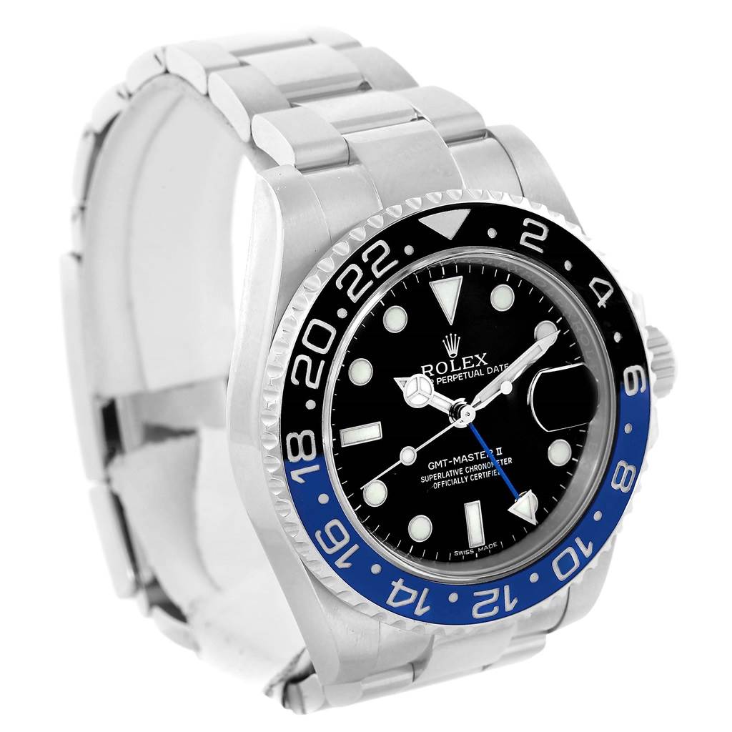 The Rolex GMT-Master 116710 Men's Stainless Steel Black Dial 116710 Men's Stainless Steel Black Dial watch is shown at a slight angle, displaying its face, bezel, and part of the bracelet.