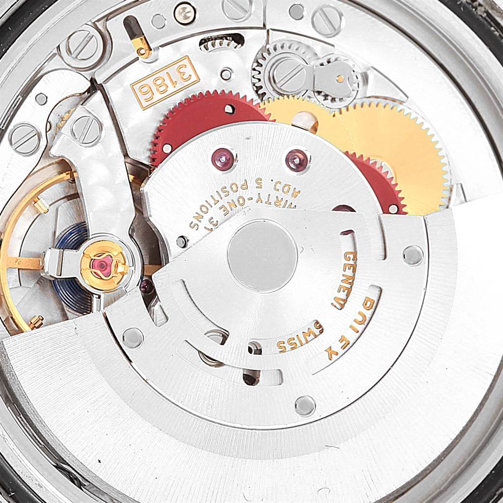 This close-up shows the intricate movement and internal parts of the Rolex GMT-Master 116710 Men's Stainless Steel Black Dial 116710 Men's Stainless Steel Black Dial watch model.