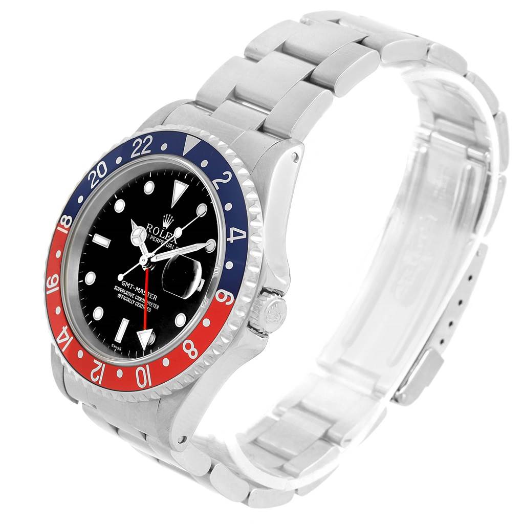 The image shows a side angle view of a Rolex GMT-Master 16700 Men's Stainless Steel Black Dial 16700 Men's Stainless Steel Black Dial watch, highlighting its bezel, face, and bracelet.
