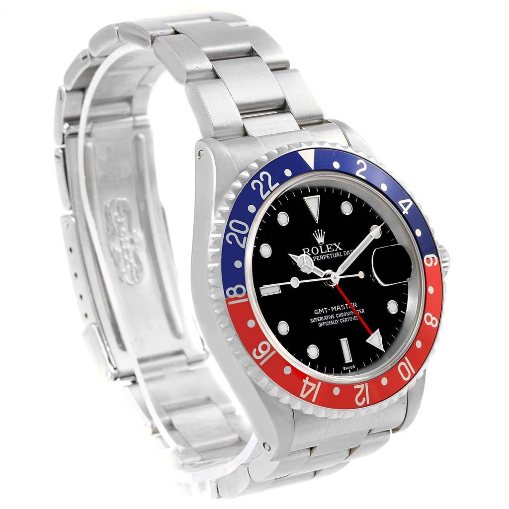 The image shows a Rolex GMT-Master 16700 Men's Stainless Steel Black Dial 16700 Men's Stainless Steel Black Dial watch from a front-left angle, highlighting the bezel, dial, and bracelet.
