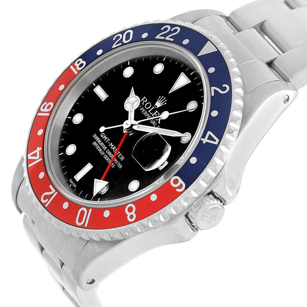 The image shows a side and partial top angle of a Rolex GMT-Master 16700 Men's Stainless Steel Black Dial 16700 Men's Stainless Steel Black Dial watch, highlighting the bezel, dial, crown, and part of the bracelet.