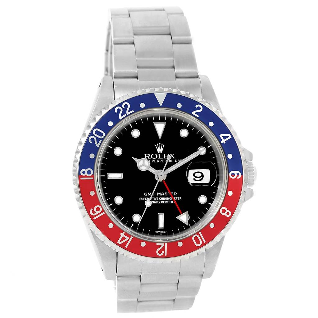 The Rolex GMT-Master 16700 Men's Stainless Steel Black Dial 16700 Men's Stainless Steel Black Dial watch is shown from a front angle, displaying its bezel, dial, bracelet, and date window.