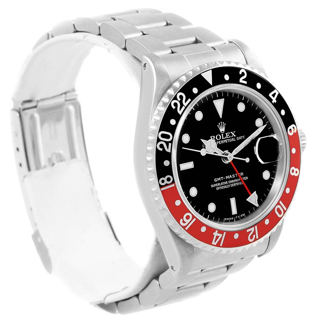 This Rolex GMT-Master 16700 Men's Stainless Steel Black Dial 16700 Men's Stainless Steel Black Dial watch is shown at a slight left-side angle, displaying the dial, bezel, bracelet, and crown.