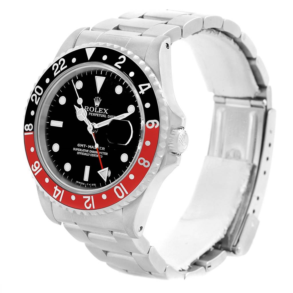The image shows a front and side view of the Rolex GMT-Master 16700 Men's Stainless Steel Black Dial 16700 Men's Stainless Steel Black Dial watch, highlighting its bezel, dial, and bracelet.