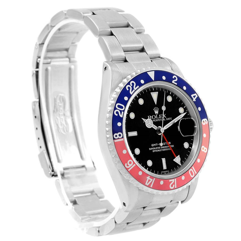 The image shows a side and partial front view of a Rolex GMT-Master 16700 Men's Stainless Steel Black Dial 16700 Men's Stainless Steel Black Dial watch, highlighting its bezel, dial, and bracelet.