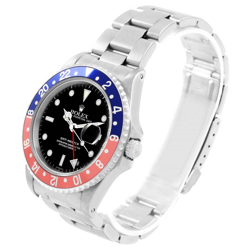 The Rolex GMT-Master 16700 Men's Stainless Steel Black Dial 16700 Men's Stainless Steel Black Dial watch is shown at an oblique angle, highlighting the dial, bezel, and bracelet.