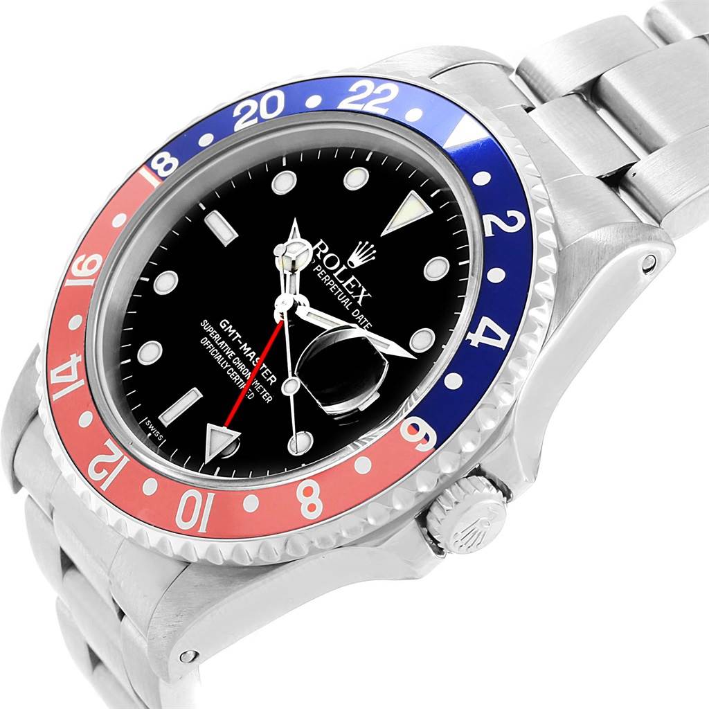 This image shows a side angle of the Rolex GMT-Master 16700 Men's Stainless Steel Black Dial 16700 Men's Stainless Steel Black Dial watch, featuring its bezel, dial, and part of the bracelet.