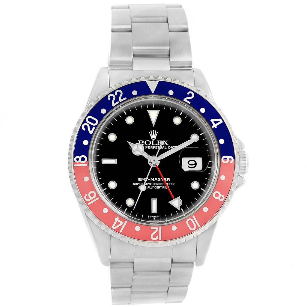 The image shows a front view of a Rolex GMT-Master 16700 Men's Stainless Steel Black Dial 16700 Men's Stainless Steel Black Dial watch featuring a two-tone bezel and metal bracelet.