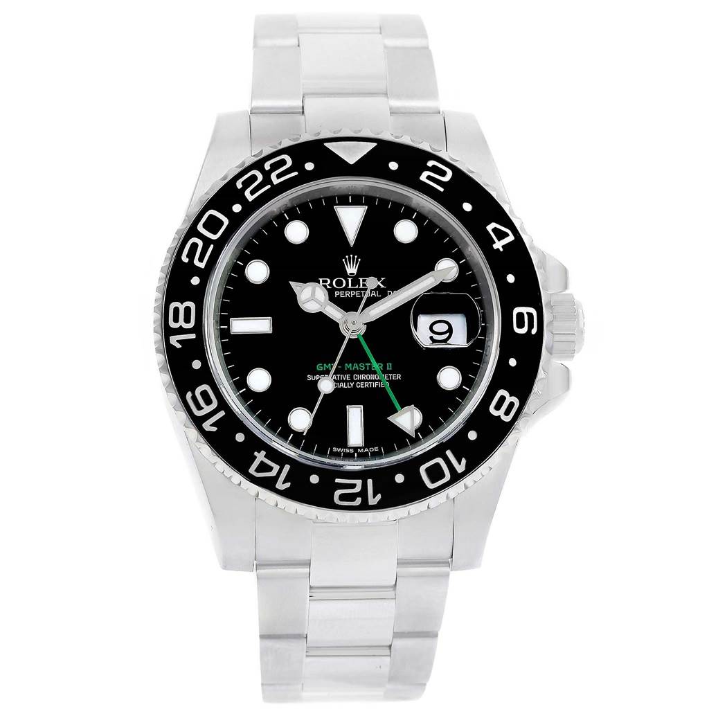 The Rolex GMT-Master 116710 Men's Stainless Steel Black Dial 116710 Men's Stainless Steel Black Dial watch is shown from a straight-on angle, displaying the dial, bezel, bracelet, and crown in full view.