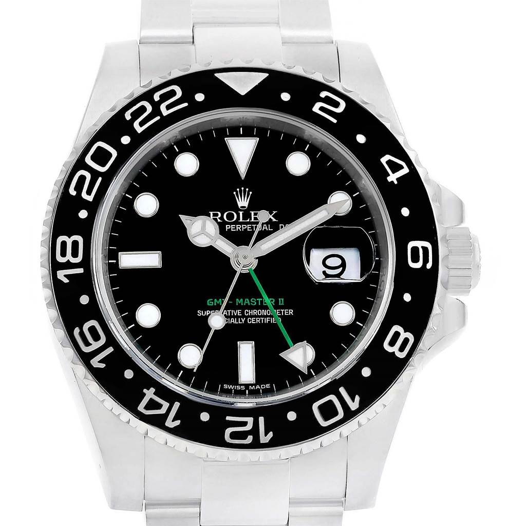 This image shows the front view of a Rolex GMT-Master 116710 Men's Stainless Steel Black Dial 116710 Men's Stainless Steel Black Dial II watch, featuring its dial, bezel, hands, and bracelet.