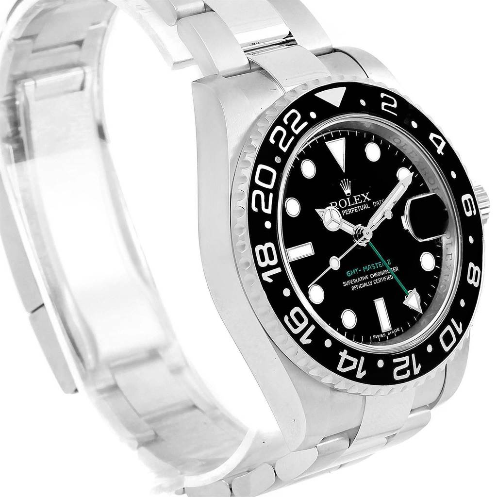 The image shows a side angle of a Rolex GMT-Master 116710 Men's Stainless Steel Black Dial 116710 Men's Stainless Steel Black Dial watch highlighting its black bezel, black dial, hour markers, and stainless steel bracelet.