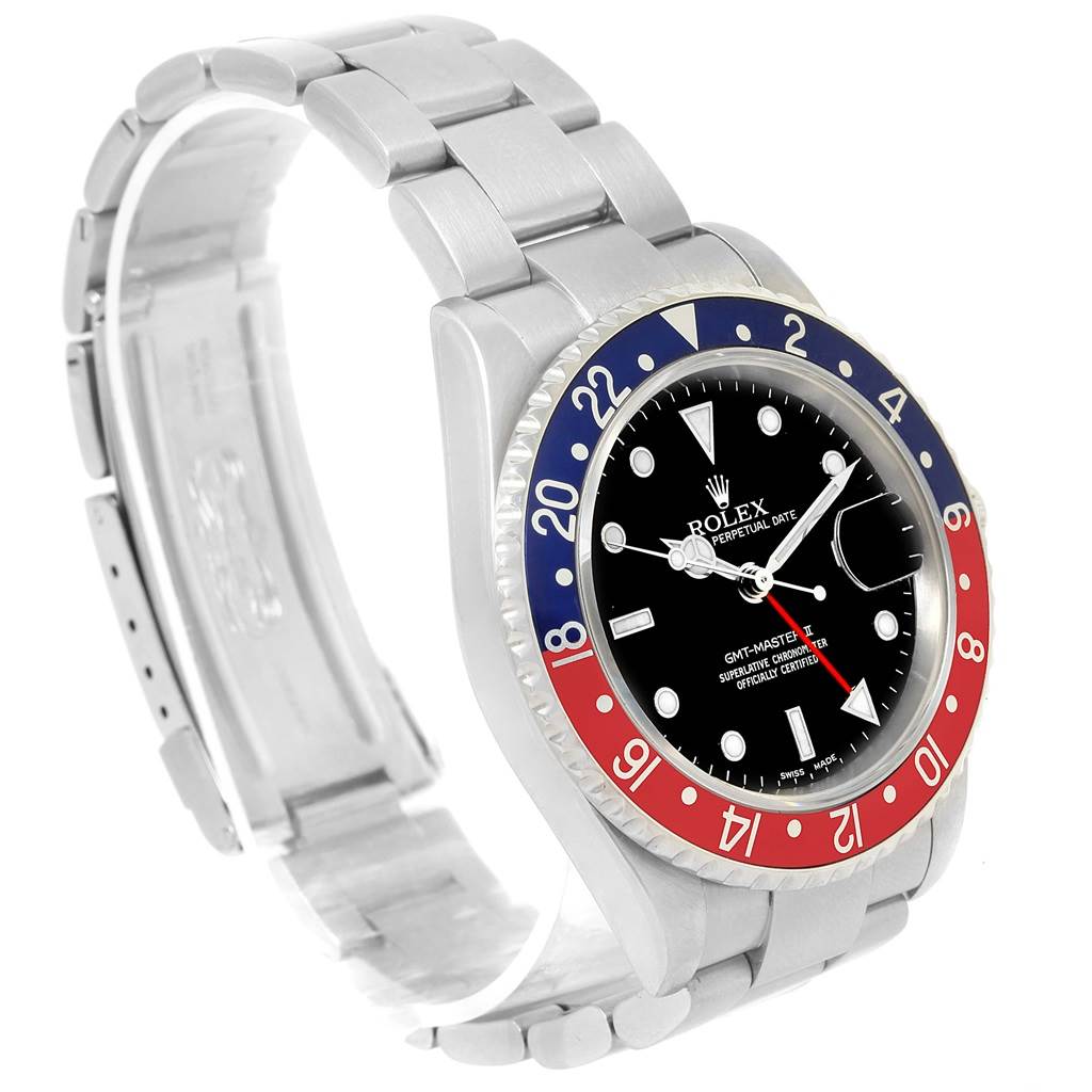 This image shows a side and top angle of a Rolex GMT-Master 16710 Men
s Stainless Steel Black Dial 16710 Men
s Stainless Steel Black Dial watch, highlighting the bezel, dial, and bracelet.