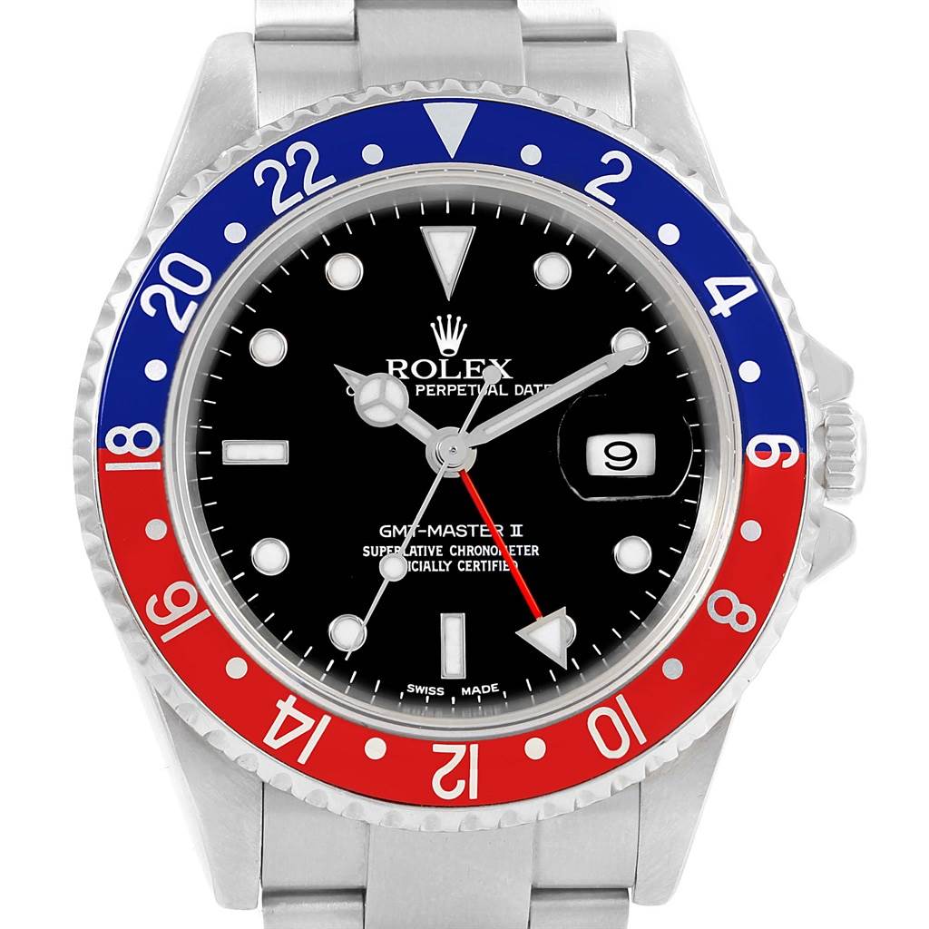 This image shows a front view of the Rolex GMT-Master 16710 Men
s Stainless Steel Black Dial 16710 Men
s Stainless Steel Black Dial II watch, featuring a black dial and a red and blue bezel.