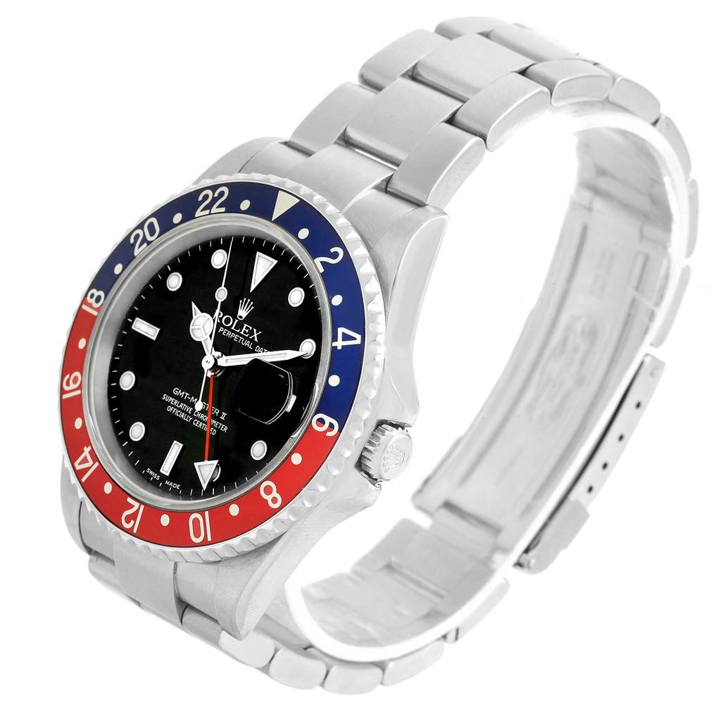 The image shows a Rolex GMT-Master 16710 Men
s Stainless Steel Black Dial 16710 Men
s Stainless Steel Black Dial watch at an oblique angle, displaying its bezel, dial, and bracelet.