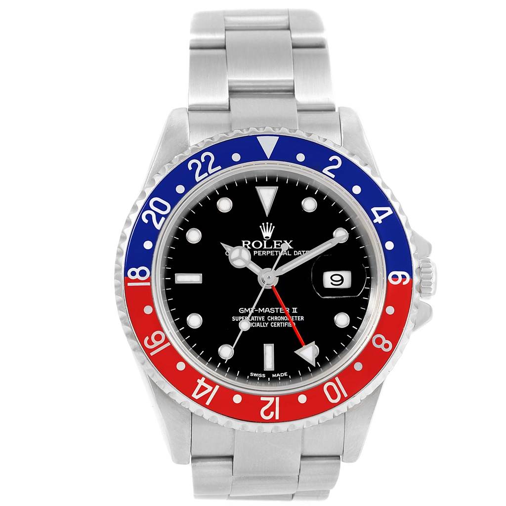 The image shows a front view of the Rolex GMT-Master 16710 Men
s Stainless Steel Black Dial 16710 Men
s Stainless Steel Black Dial II watch, featuring a red and blue bezel and a steel bracelet.
