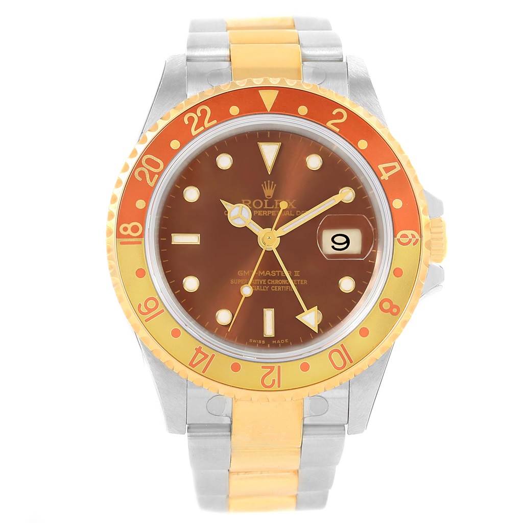 This image shows a front view of a Rolex GMT-Master 16713 Men's Stainless Steel Brown Dial 16713 Men's Stainless Steel Brown Dial II watch, featuring a gold and orange bezel and a brown dial with a two-tone bracelet.