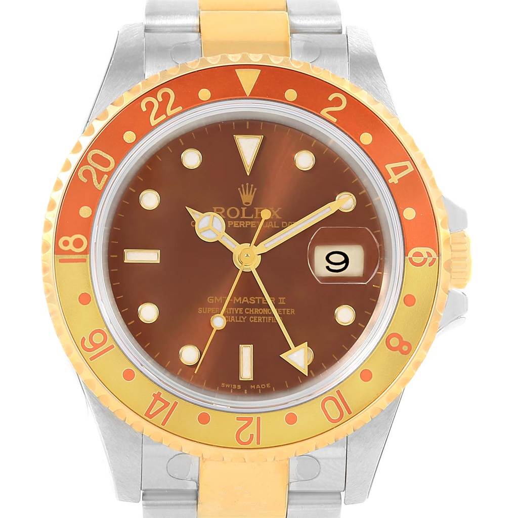 The image shows a front view of a Rolex GMT-Master 16713 Men's Stainless Steel Brown Dial 16713 Men's Stainless Steel Brown Dial watch, highlighting the bezel, dial, and bracelet.