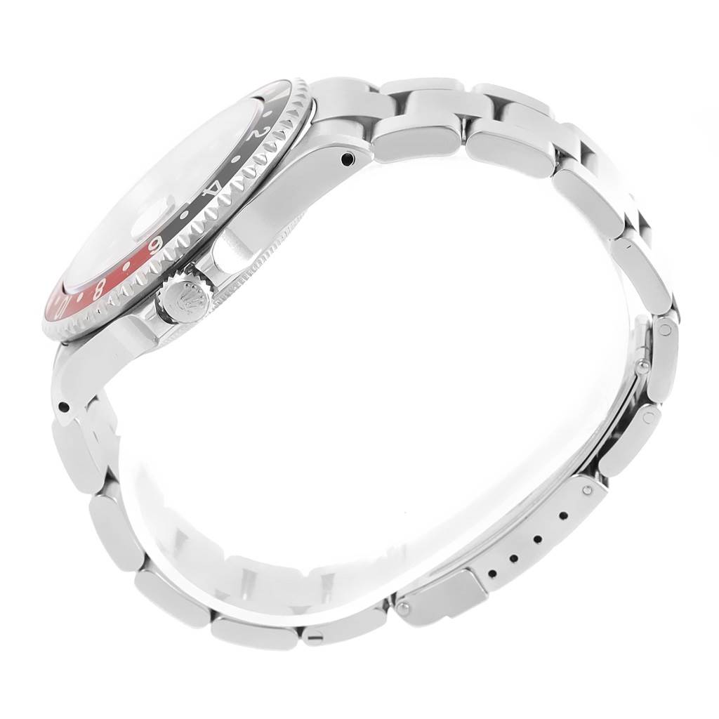 The image shows a side profile of a Rolex GMT-Master 16710 Men's Stainless Steel Black Dial 16710 Men's Stainless Steel Black Dial watch, highlighting the bezel, crown, and part of the bracelet.