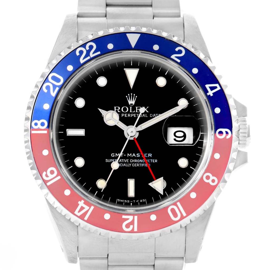 The image shows the front view of a Rolex GMT-Master 16700 Men's Stainless Steel Black Dial 16700 Men's Stainless Steel Black Dial watch, highlighting its dial, bezel, hands, date window, and bracelet.