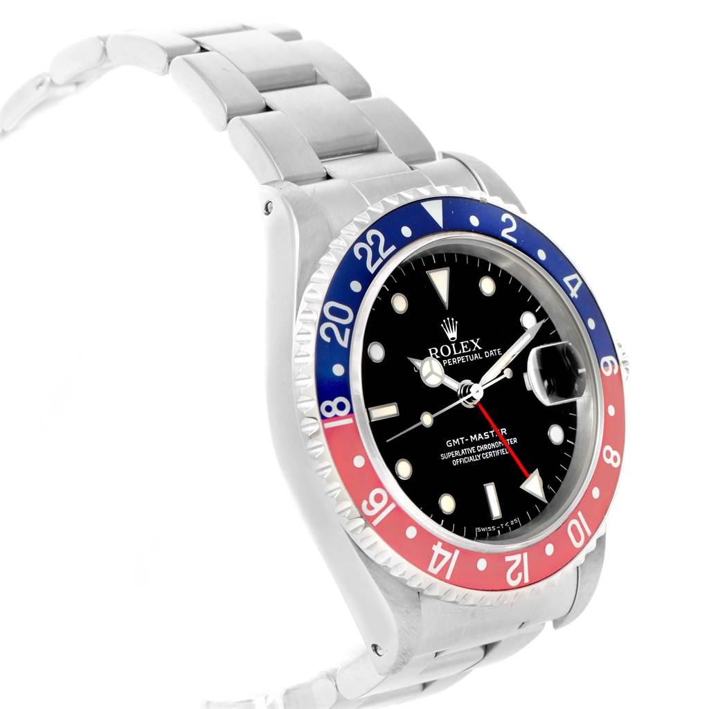 The image shows a Rolex GMT-Master 16700 Men's Stainless Steel Black Dial 16700 Men's Stainless Steel Black Dial watch from a front-left angle, highlighting its bezel, dial, and bracelet.