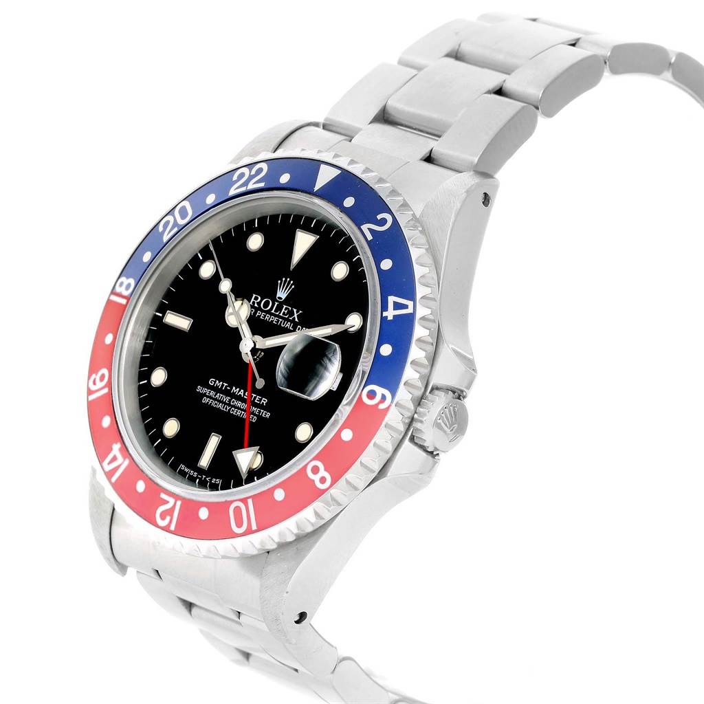 The Rolex GMT-Master 16700 Men's Stainless Steel Black Dial 16700 Men's Stainless Steel Black Dial watch is shown at an angle highlighting its bezel, dial, crown, and part of the bracelet.
