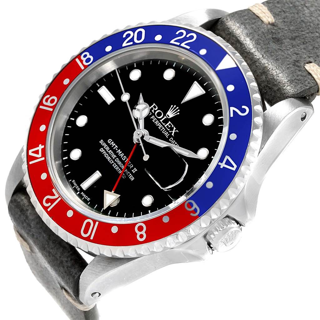 This image shows the front view of a Rolex GMT-Master 16710 Men's Stainless Steel Black Dial 16710 Men's Stainless Steel Black Dial watch with a “Pepsi” red and blue bezel.