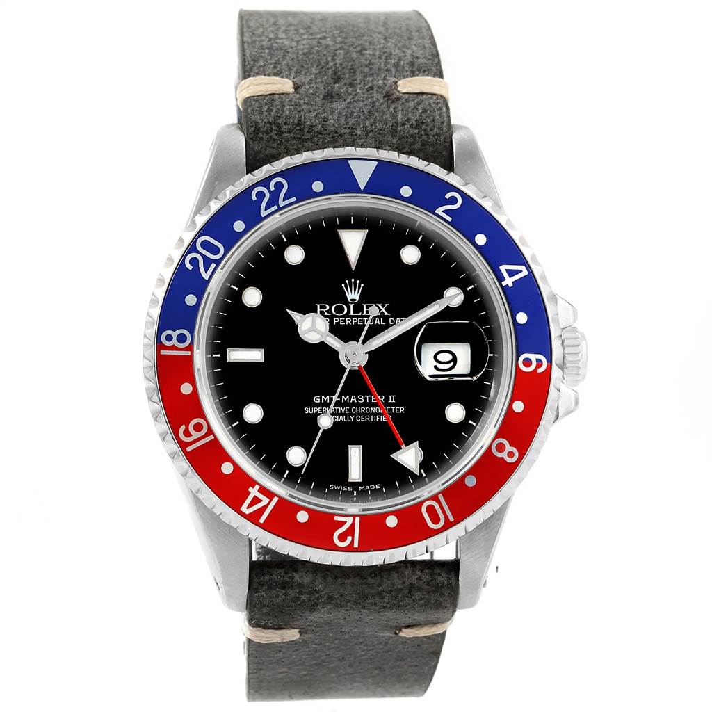 This is a front view of the Rolex GMT-Master 16710 Men's Stainless Steel Black Dial 16710 Men's Stainless Steel Black Dial II watch, showing the bezel, dial, and strap.