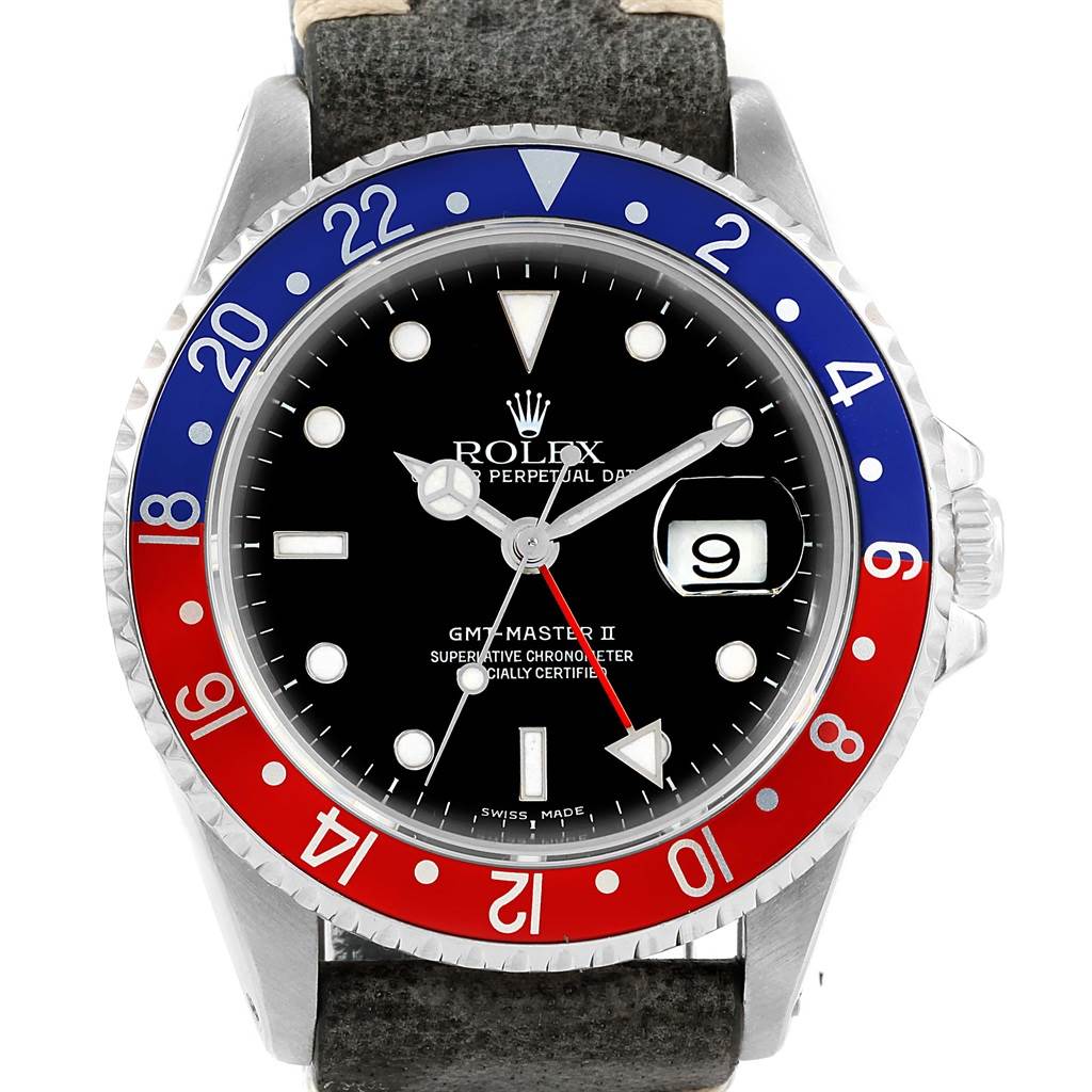 This Rolex GMT-Master 16710 Men's Stainless Steel Black Dial 16710 Men's Stainless Steel Black Dial watch is shown from a front angle displaying the dial, bezel, and partial strap.