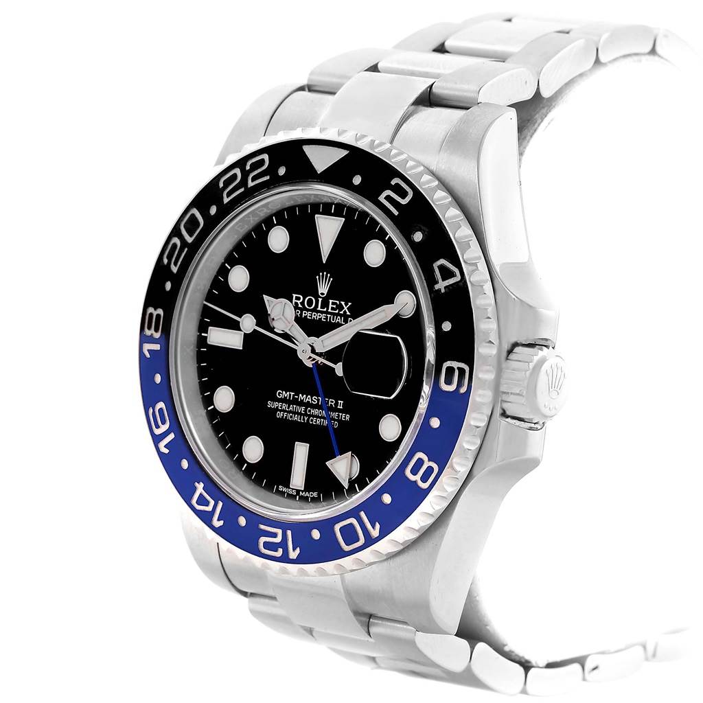 The image shows a Rolex GMT-Master 116710 Men's Stainless Steel Black Dial 116710 Men's Stainless Steel Black Dial II watch from an angled side view, highlighting the bezel, face, and part of the bracelet.