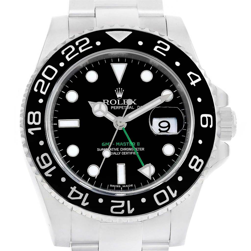 This image shows the front view of a Rolex GMT-Master 116710 Men
s Stainless Steel Black Dial 116710 Men
s Stainless Steel Black Dial II watch, highlighting its dial, bezel, and bracelet.