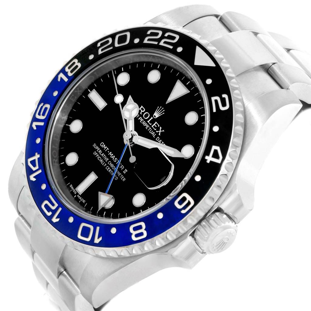 The image shows a close-up angled view of a Rolex GMT-Master 116710 Men
s Stainless Steel Black Dial 116710 Men
s Stainless Steel Black Dial II watch, highlighting its bezel, dial, and bracelet.