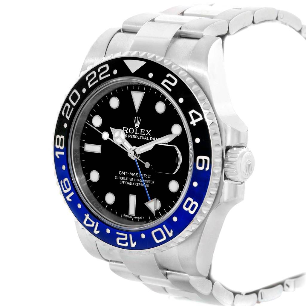 The Rolex GMT-Master 116710 Men
s Stainless Steel Black Dial 116710 Men
s Stainless Steel Black Dial watch is shown at a slight angle, highlighting the half-black, half-blue bezel, dial, and stainless steel bracelet.