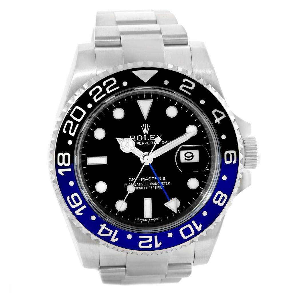 The image shows a front view of a Rolex GMT-Master 116710 Men
s Stainless Steel Black Dial 116710 Men
s Stainless Steel Black Dial II watch, highlighting its dial, bezel, and bracelet.