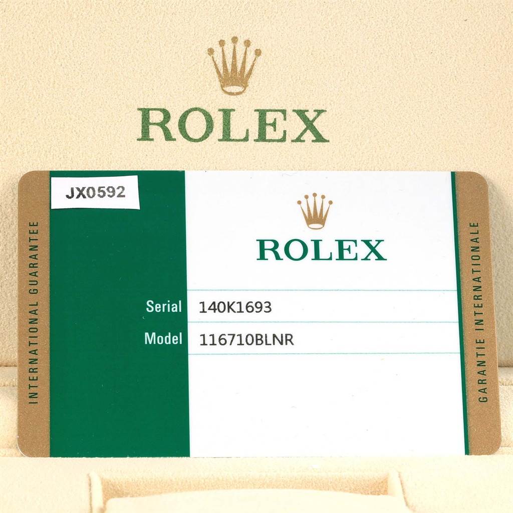The image shows a guarantee card for the Rolex GMT-Master 116710 Men
s Stainless Steel Black Dial 116710 Men
s Stainless Steel Black Dial model with reference number 116710BLNR.