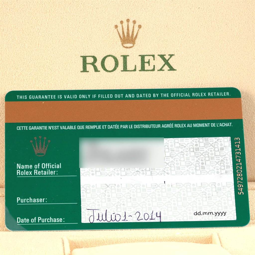 The image shows the warranty card for a Rolex GMT-Master 116710 Men
s Stainless Steel Black Dial 116710 Men
s Stainless Steel Black Dial, with branding and purchase details visible.
