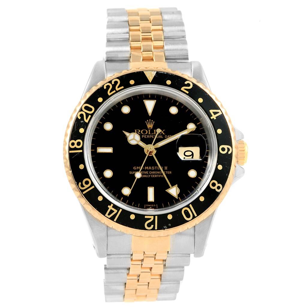 This Rolex GMT-Master 16713 Men's Stainless Steel Black Dial 16713 Men's Stainless Steel Black Dial II watch is shown from the front, displaying the dial, bezel, and part of the two-tone bracelet.