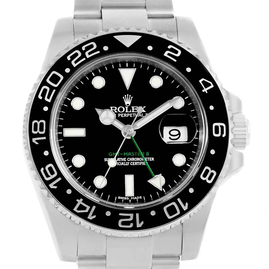 This image shows a frontal view of a Rolex GMT-Master 116710 Men's Stainless Steel Black Dial 116710 Men's Stainless Steel Black Dial II watch, displaying the bezel, dial, and bracelet.