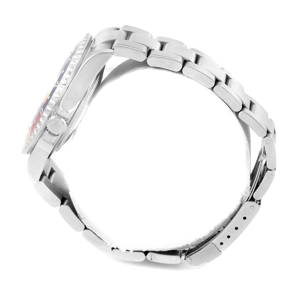 The image shows a side profile view of a Rolex GMT-Master 16710 Men's Stainless Steel Black Dial 16710 Men's Stainless Steel Black Dial watch, highlighting the bracelet and case.