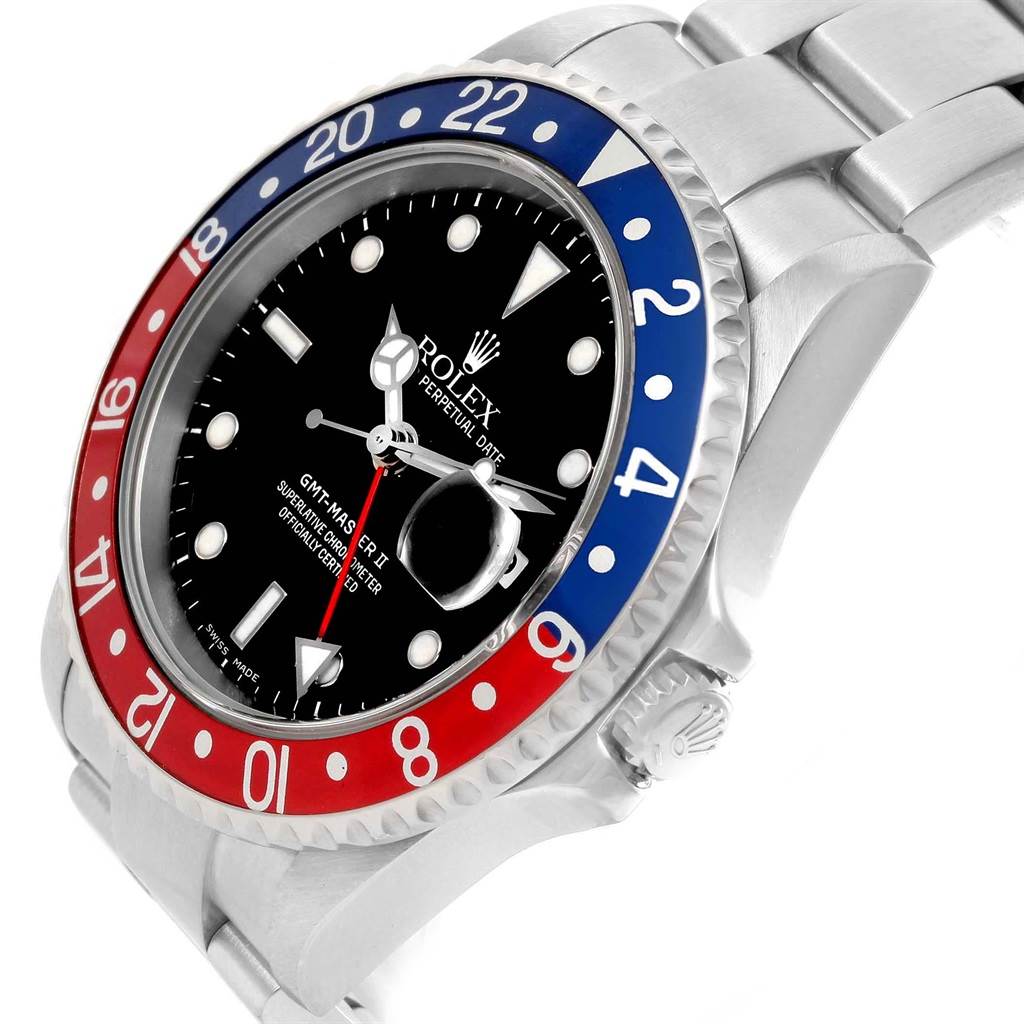 The image shows a close-up of the Rolex GMT-Master 16710 Men's Stainless Steel Black Dial 16710 Men's Stainless Steel Black Dial watch's dial, bezel, crown, and part of its stainless steel bracelet.