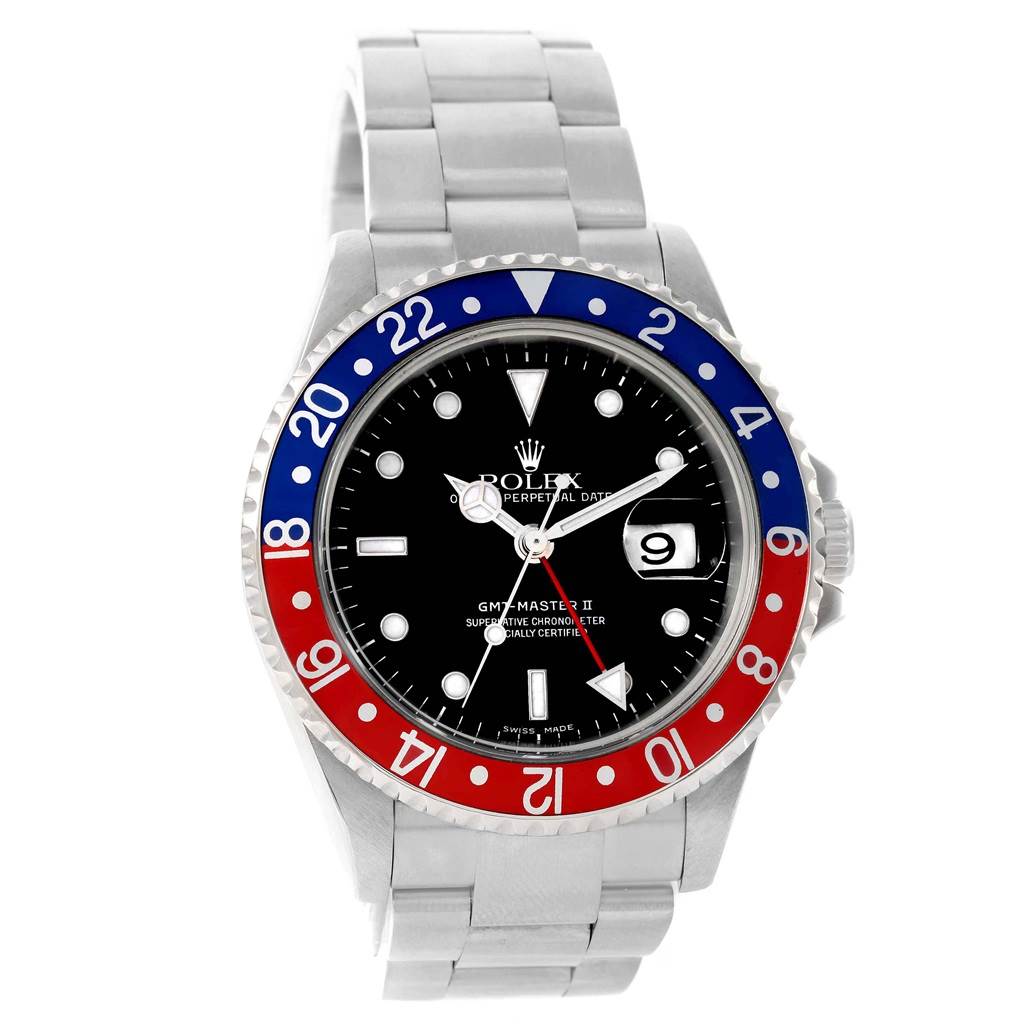 The image shows a front view of the Rolex GMT-Master 16710 Men's Stainless Steel Black Dial 16710 Men's Stainless Steel Black Dial II, highlighting its dial, bezel, and partial bracelet.