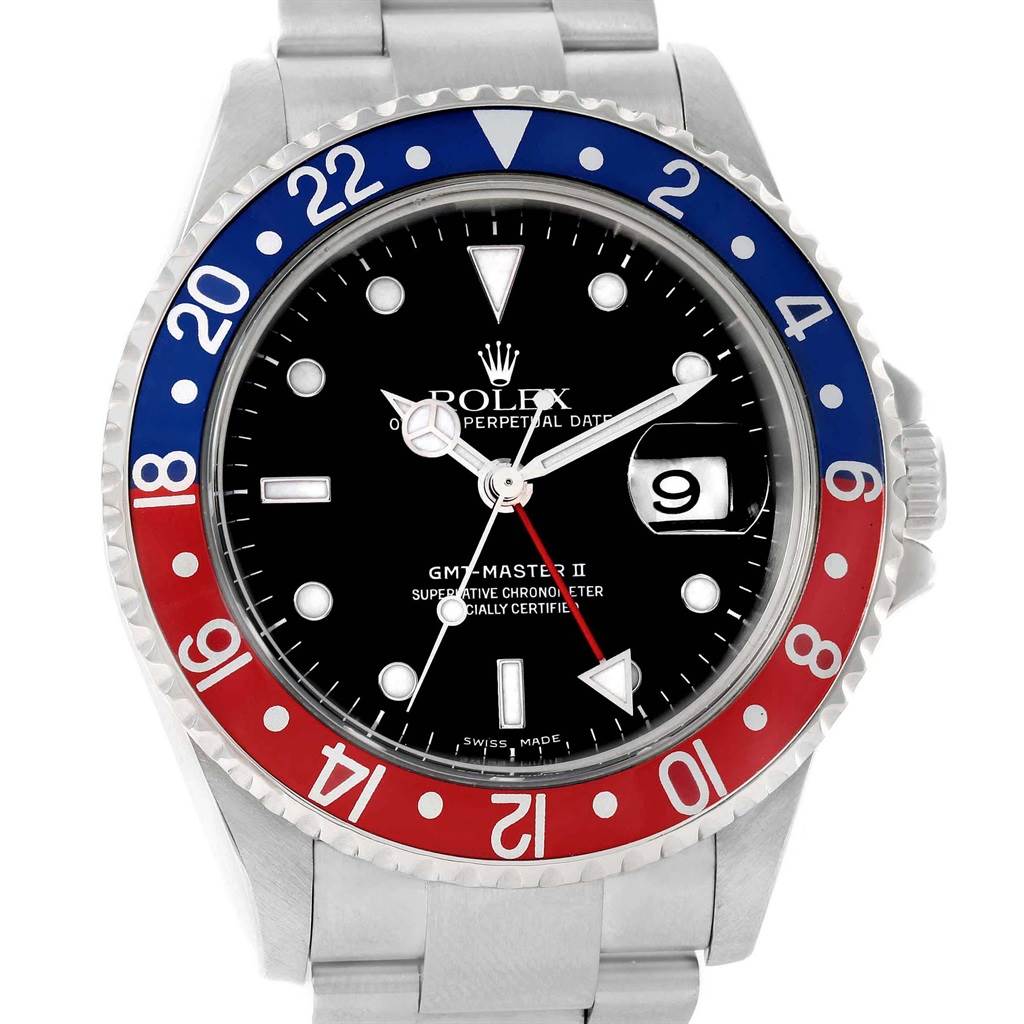 The image shows the front view of the Rolex GMT-Master 16710 Men's Stainless Steel Black Dial 16710 Men's Stainless Steel Black Dial II watch, highlighting the dial, bezel, and bracelet.