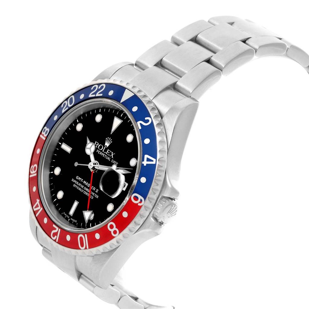 The image shows a Rolex GMT-Master 16710 Men's Stainless Steel Black Dial 16710 Men's Stainless Steel Black Dial watch at a slight angle, highlighting its bezel, crown, dial, and bracelet.