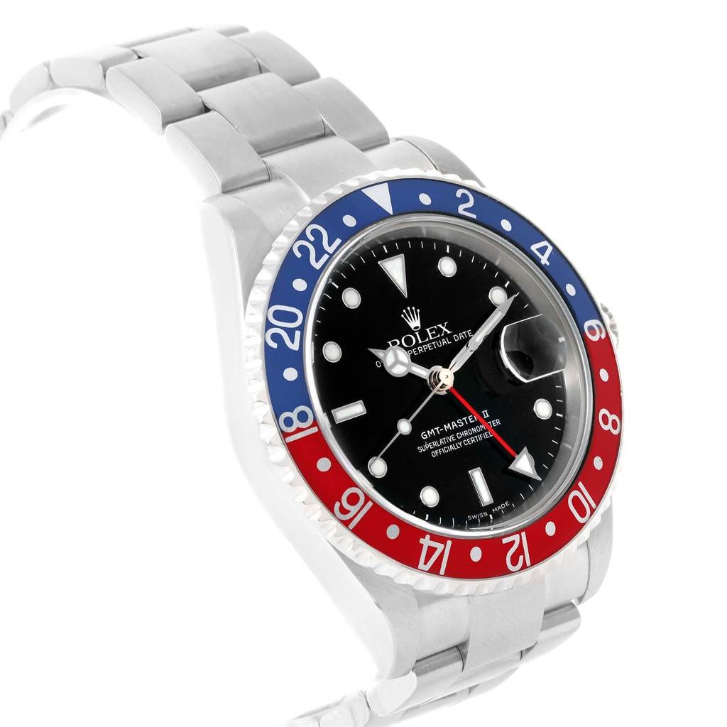This image shows a side angle view of the Rolex GMT-Master 16710 Men's Stainless Steel Black Dial 16710 Men's Stainless Steel Black Dial watch, highlighting its bezel, dial, and part of the bracelet.
