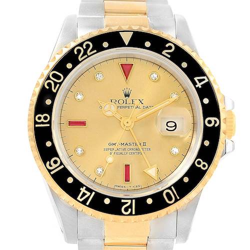 Photo of Rolex GMT-Master II Yellow Gold Steel Diamond Ruby Serti Dial Watch 16713