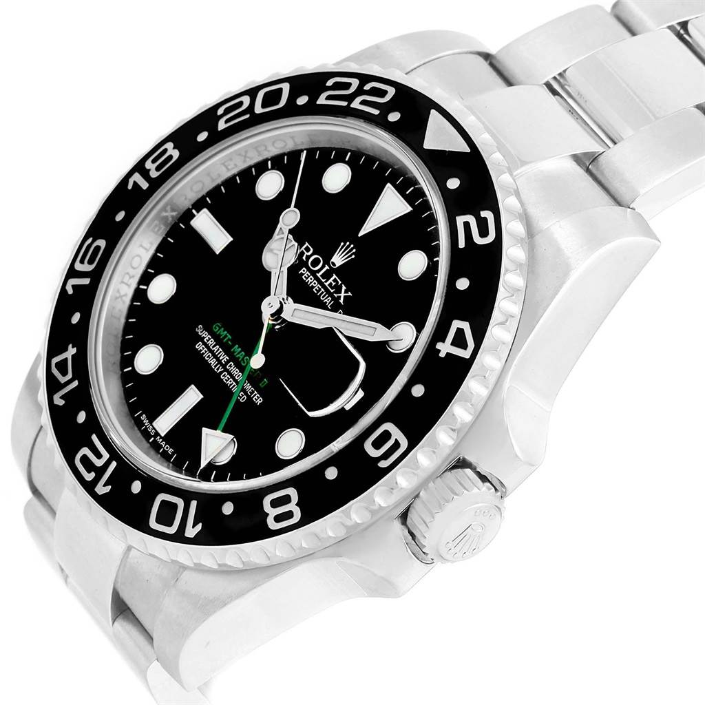 This image shows a Rolex GMT-Master 116710 Men's Stainless Steel Black Dial 116710 Men's Stainless Steel Black Dial watch at a three-quarter angle, highlighting the bezel, dial, hands, and part of the bracelet.