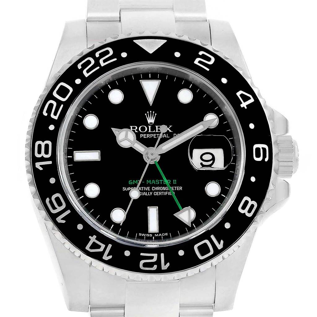 This image shows a head-on view of the Rolex GMT-Master 116710 Men's Stainless Steel Black Dial 116710 Men's Stainless Steel Black Dial II watch, highlighting its bezel, dial, hands, and crown.