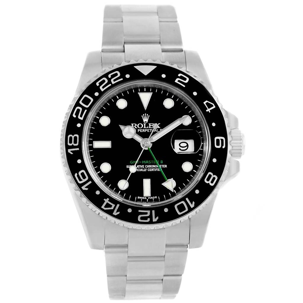 The Rolex GMT-Master 116710 Men's Stainless Steel Black Dial 116710 Men's Stainless Steel Black Dial watch is shown from a front angle, displaying the dial, bezel, hands, and bracelet.