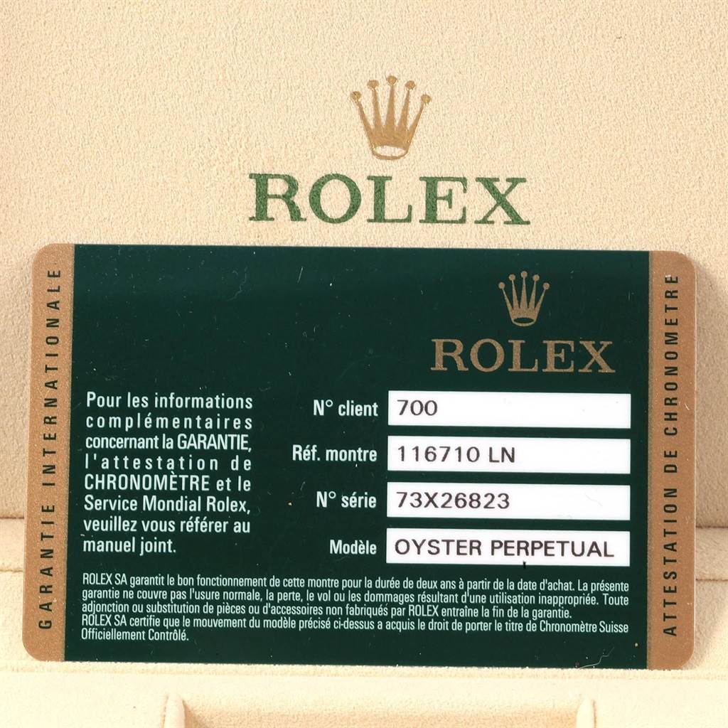 This image shows the warranty card for the Rolex GMT-Master 116710 Men's Stainless Steel Black Dial 116710 Men's Stainless Steel Black Dial model watch, displaying client number, reference number, and serial number.